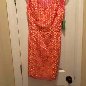 Lilly Pulitzer Selna RARE - Kissie Pink Coral and Yellow Floral Lace Midi Dress